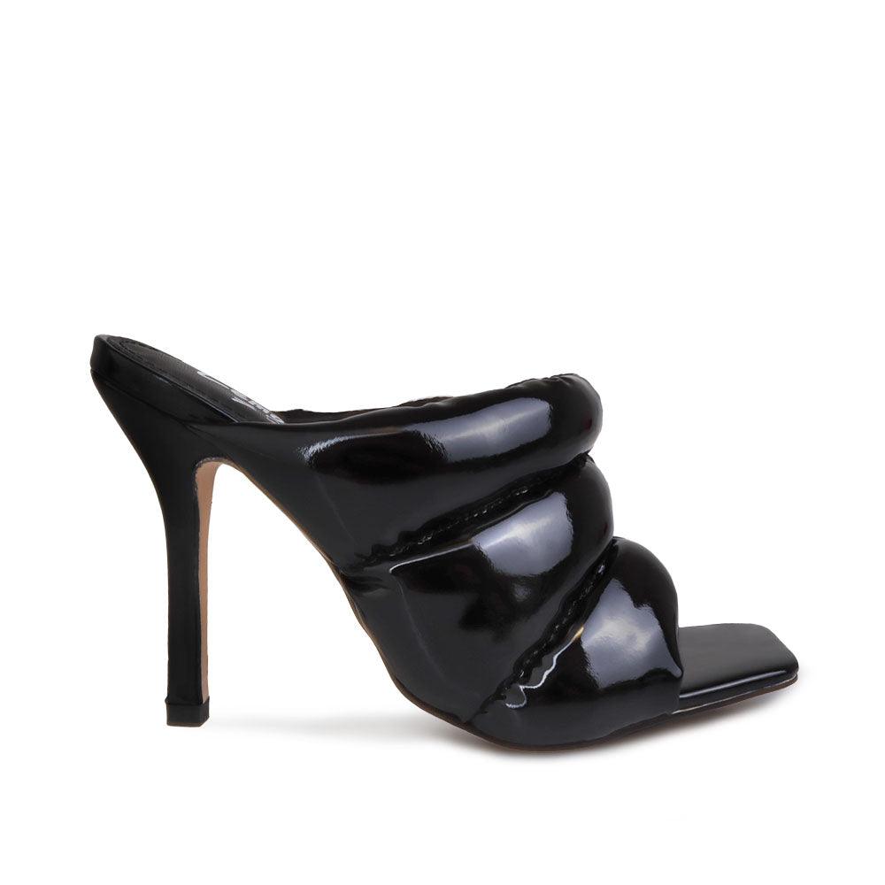 Black leather women heels with slip on design and open toe