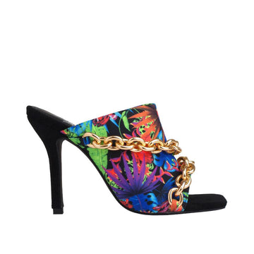 Black-multi colored women heels with textile upper, chain accent and slip-on style