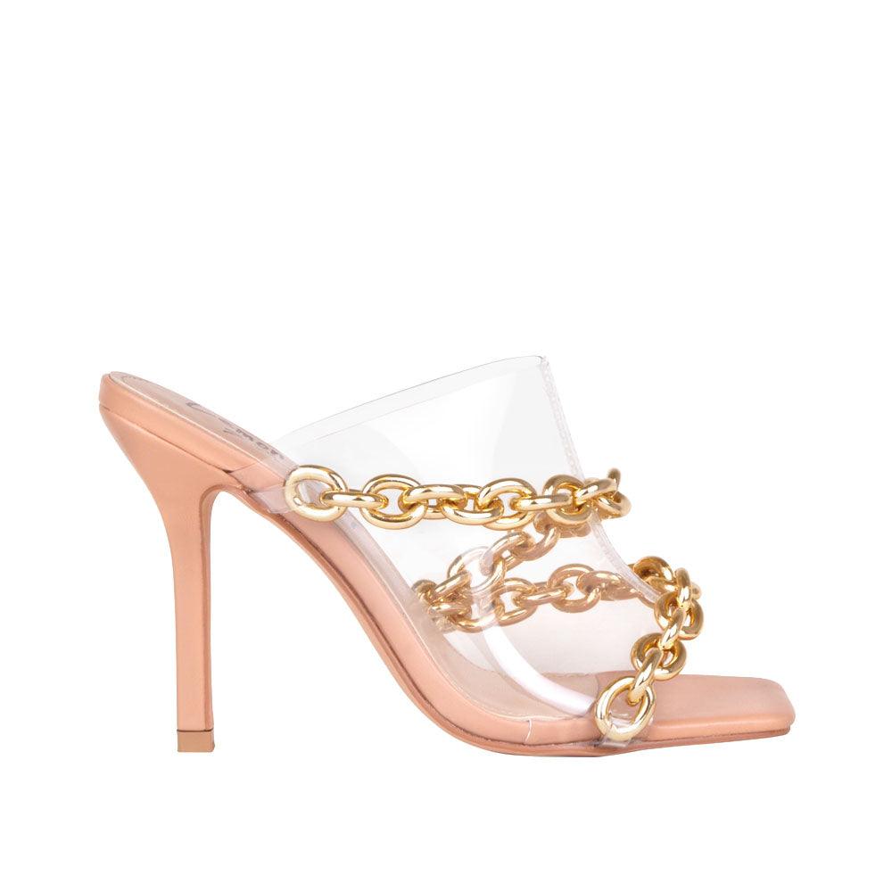 Nude women heels with clear upper, chain accent and slip-on style