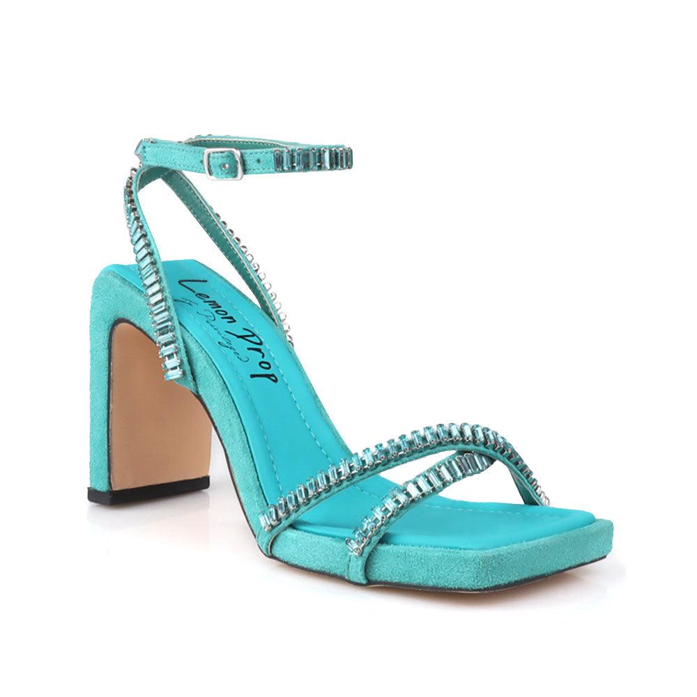 Teal vegan suede women's heel with square toe and rhinestones-corner view