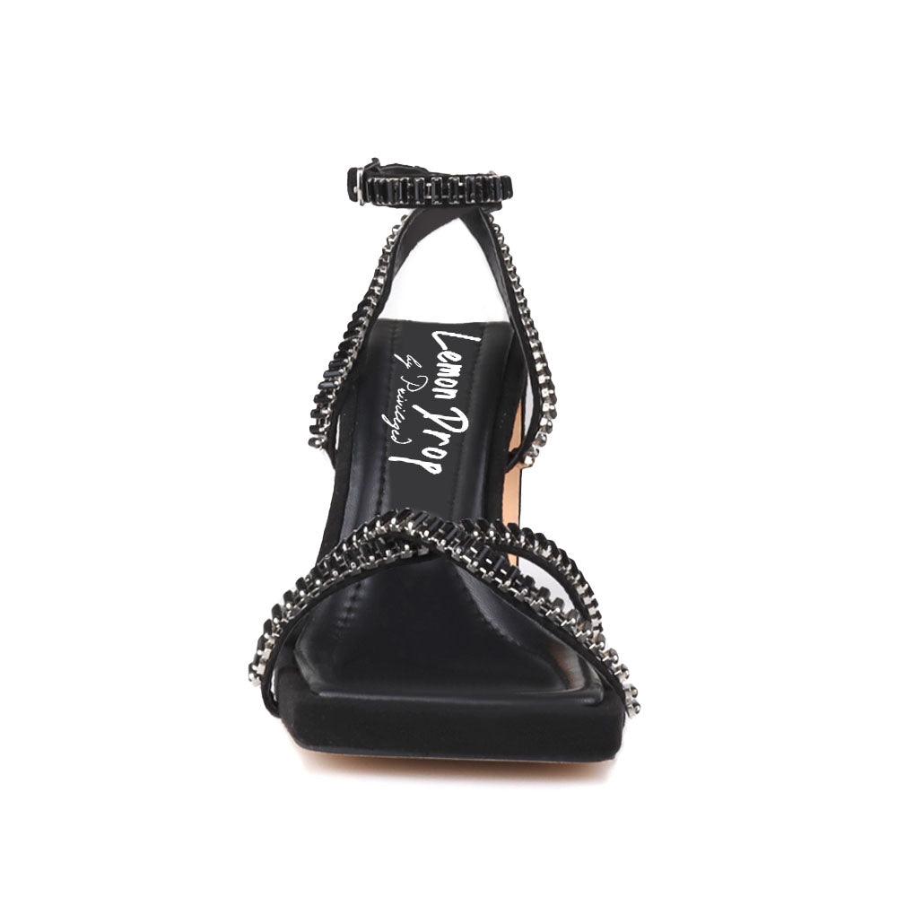 Black vegan suede women's heel with square toe and rhinestones-front view