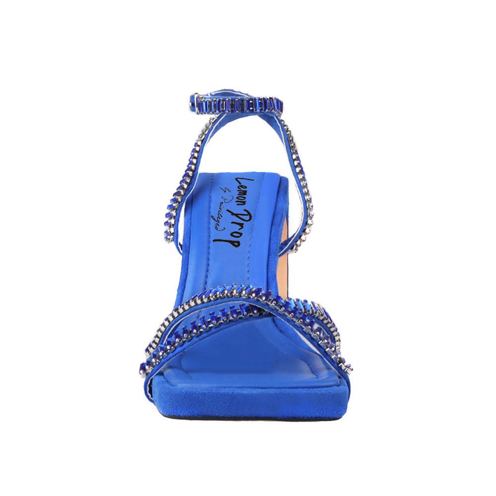 Royal blue vegan suede women's heel with square toe and rhinestones-front view