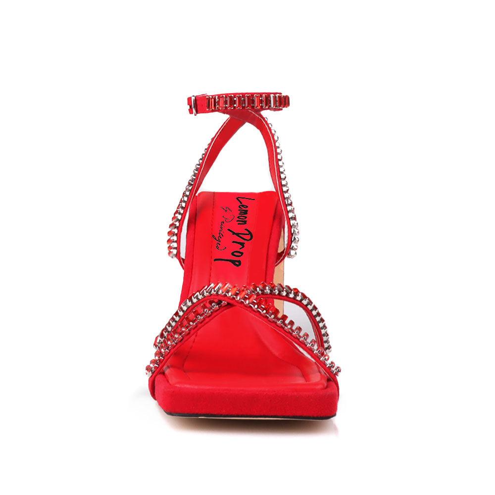 Red vegan suede women's heel with square toe and rhinestones-front view