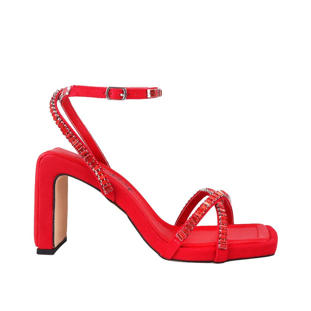 Red vegan suede women's heel with square toe and rhinestones-side view