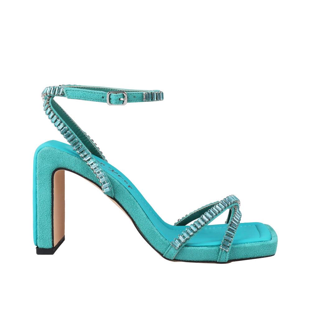 Teal vegan suede women's heel with square toe and rhinestones-side view