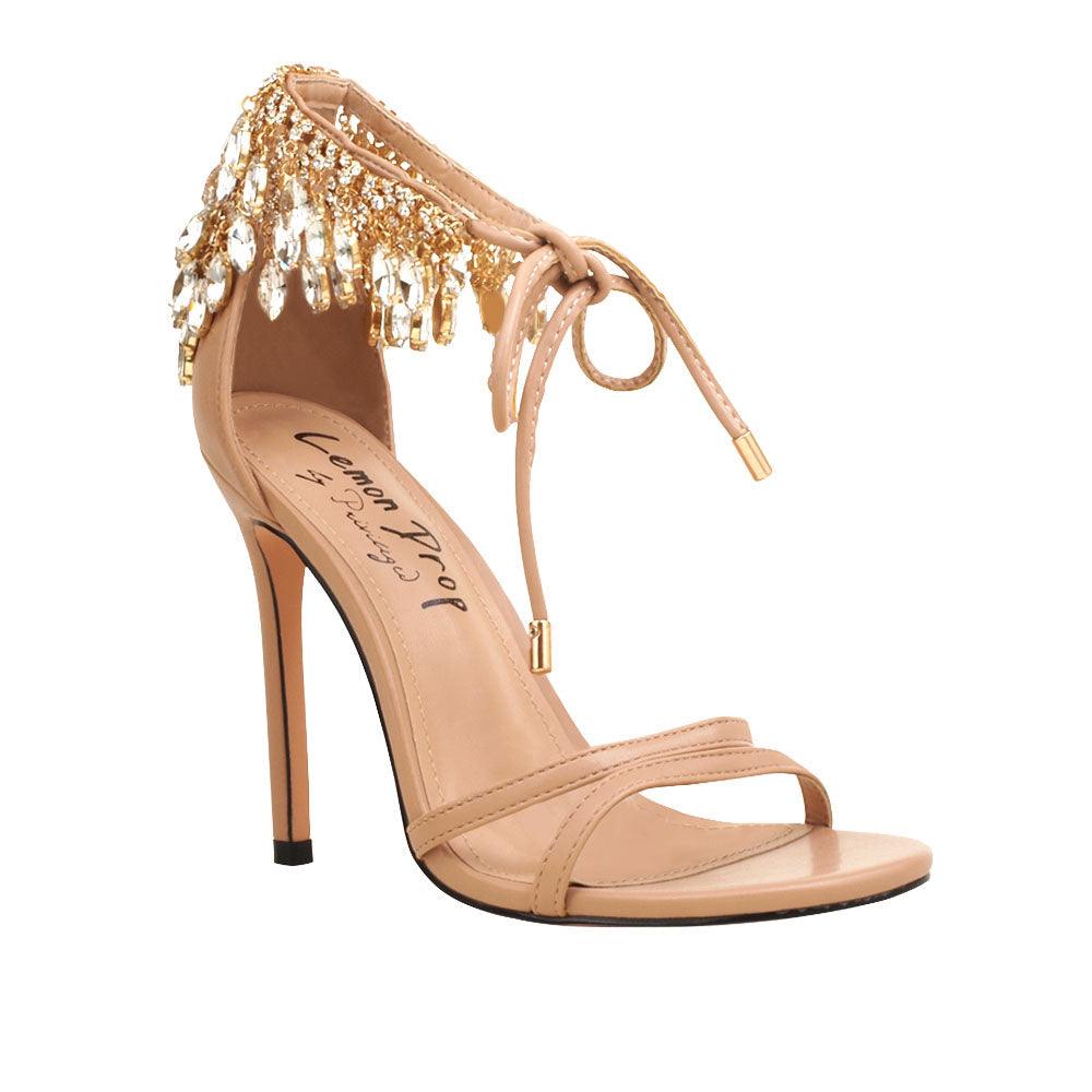 Nude leather women's stiletto heels with marquise-shaped studs-corner view