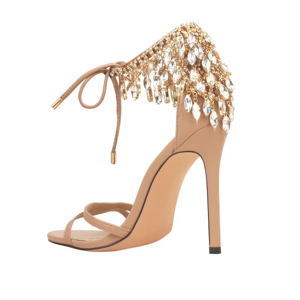 Nude leather women's stiletto heels with marquise-shaped studs-posterior view