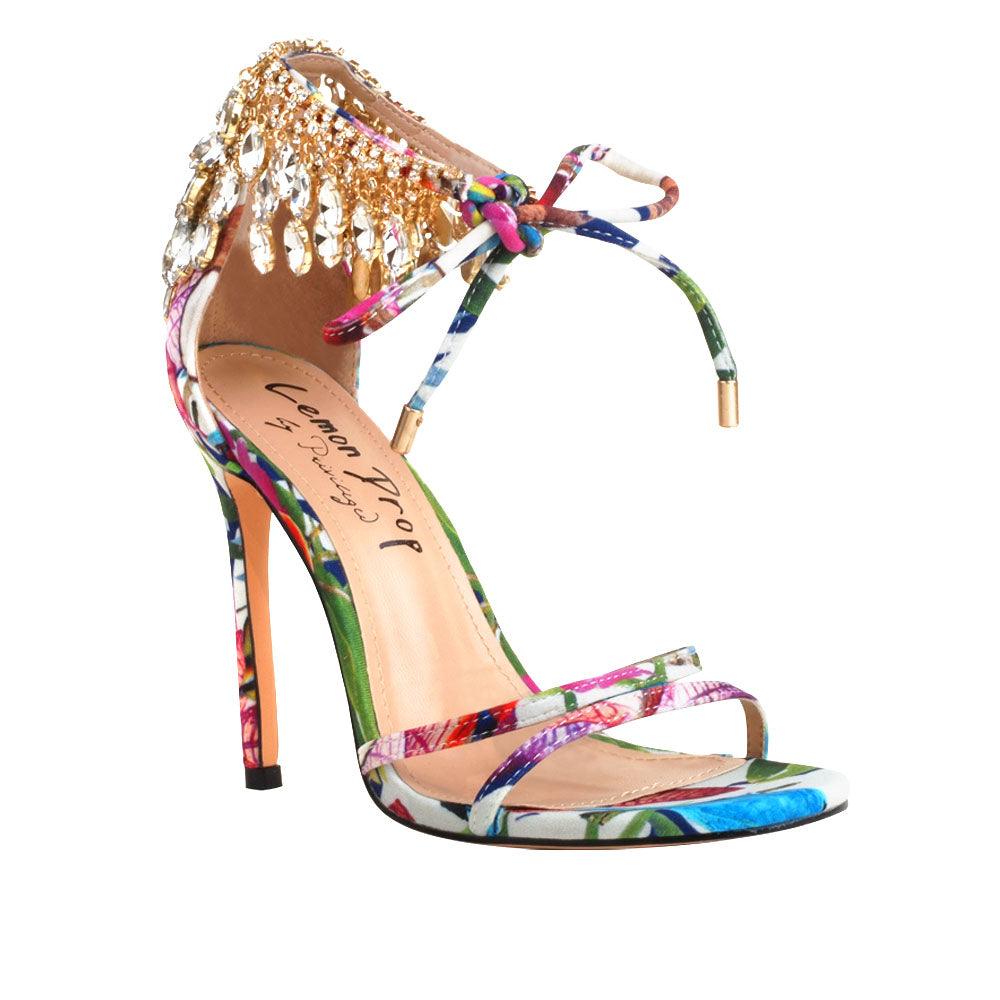 Floral leather women's stiletto heels with marquise-shaped studs-corner view