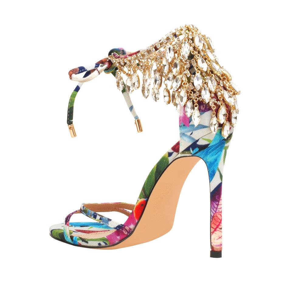 Floral leather women's stiletto heels with marquise-shaped studs-posterior view