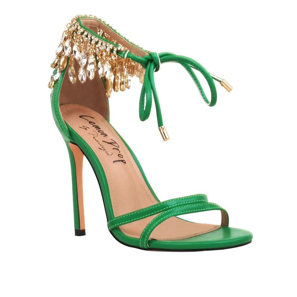 Green leather women's stiletto heels with marquise-shaped studs-corner view