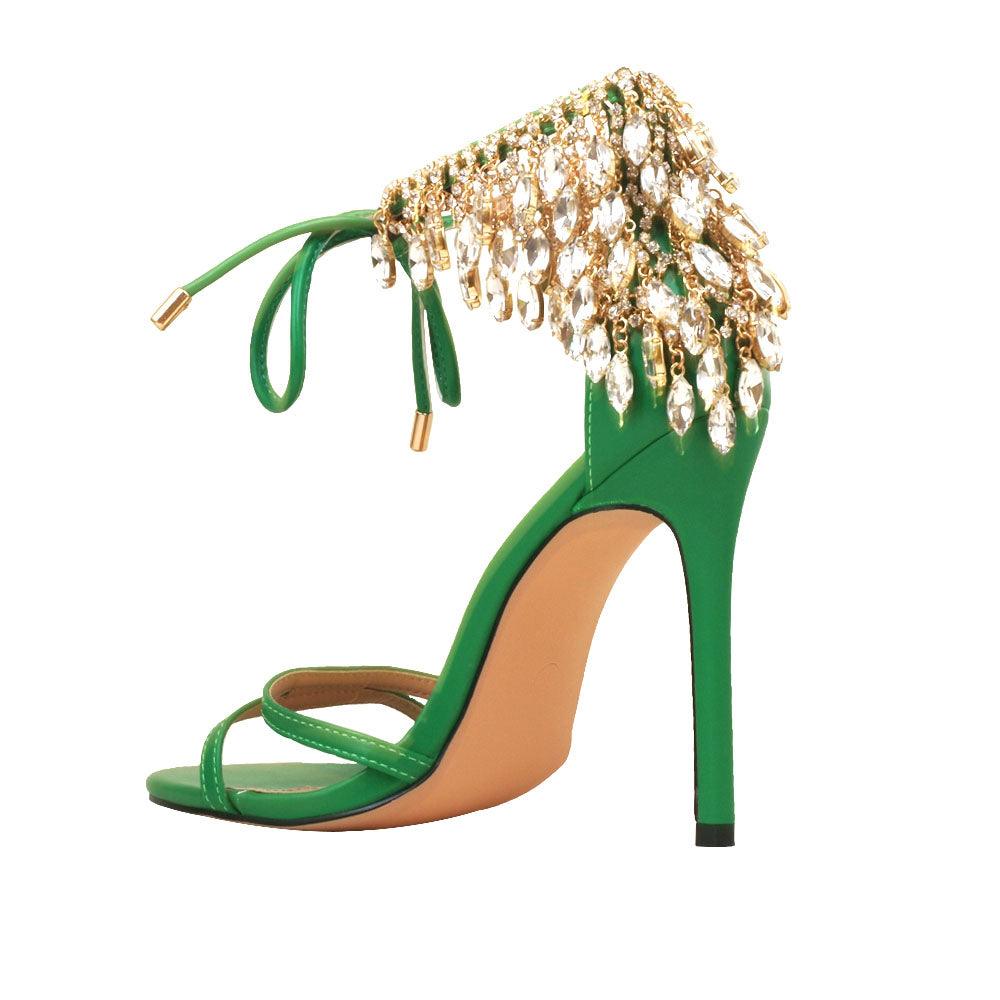 Green leather women's stiletto heels with marquise-shaped studs-posterior view