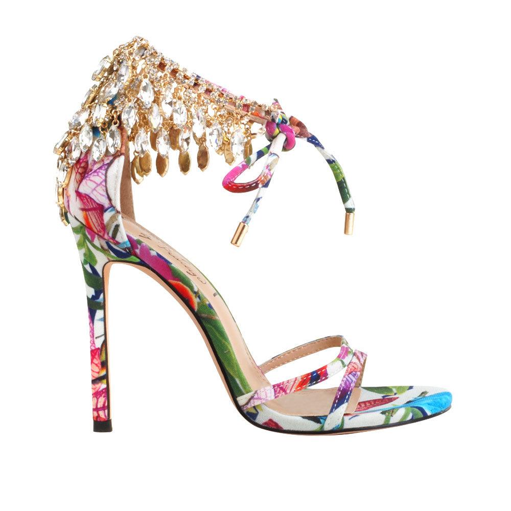 Floral leather women's stiletto heels with marquise-shaped studs-side view