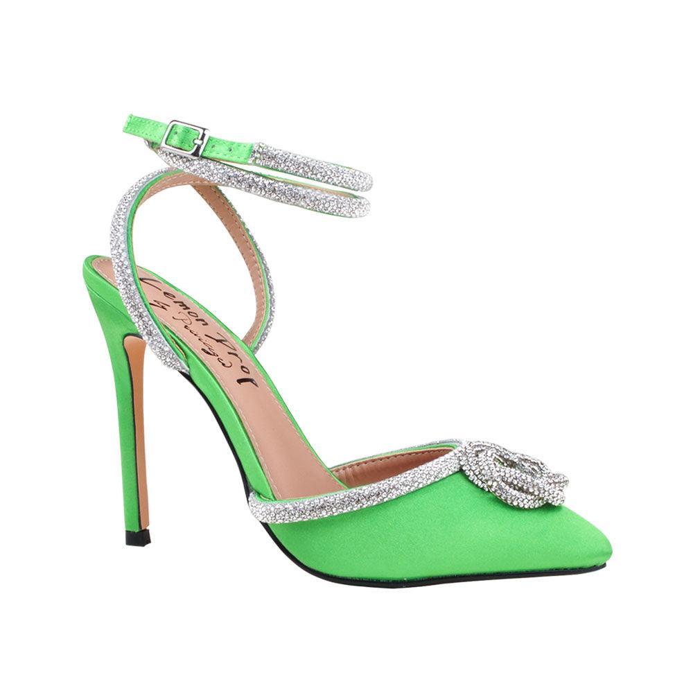 Green satin pump pointy-toe women's heels with rhinestone accents-corner view