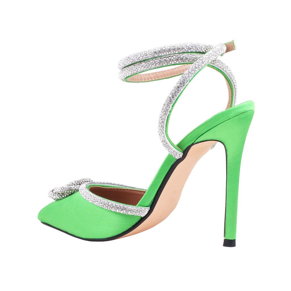 Green satin pump pointy-toe women's heels with rhinestone accents-posterior view