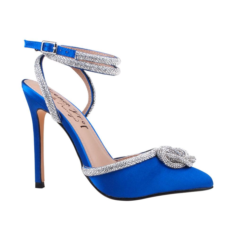 Blue satin pump pointy-toe women's heels with rhinestone accents-corner view