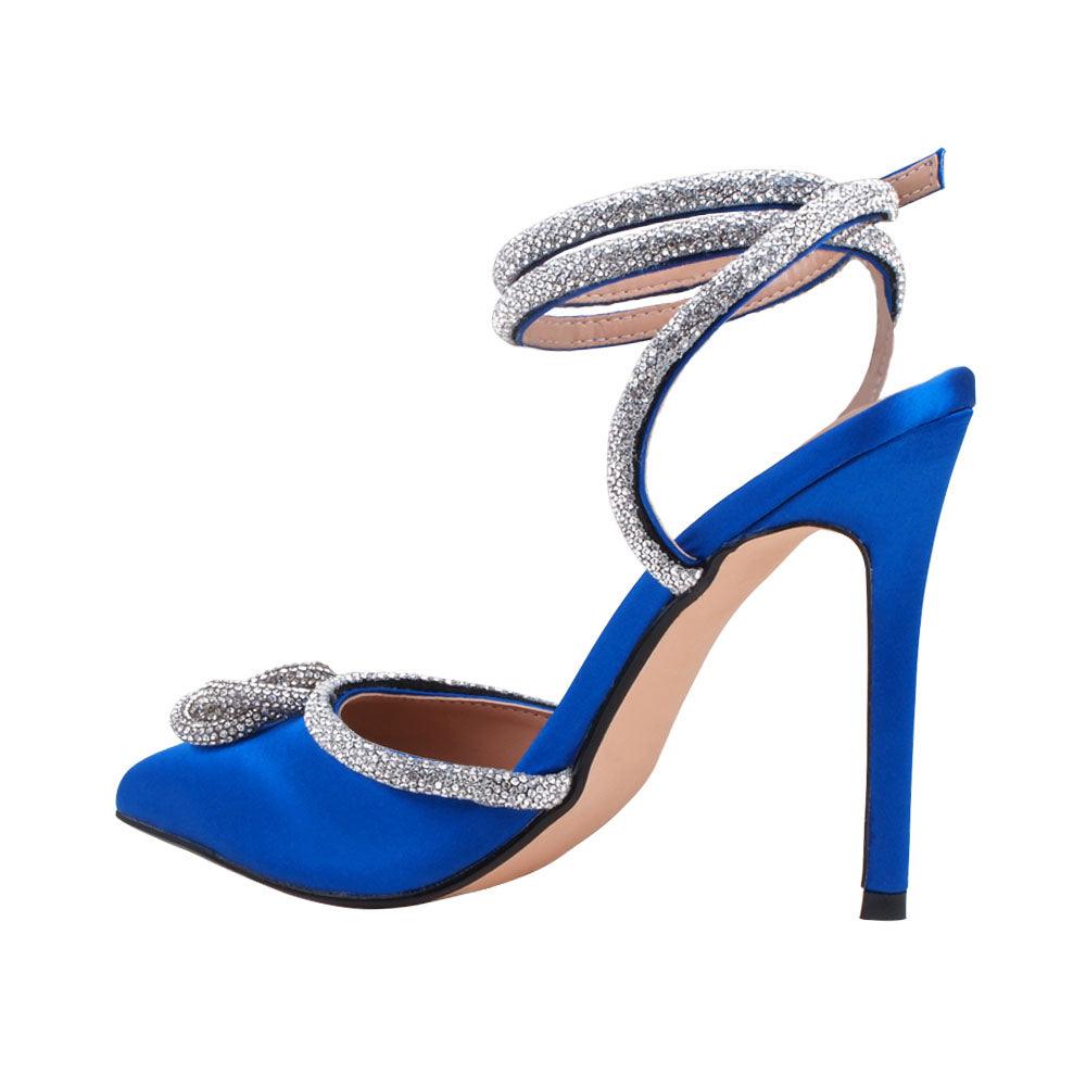 Blue satin pump pointy-toe women's heels with rhinestone accents-posterior view