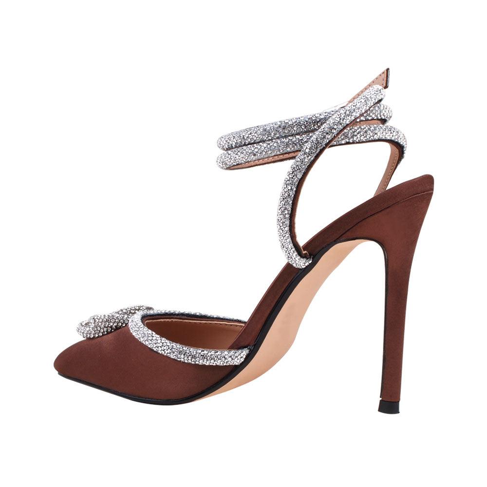 Brown satin pump pointy-toe women's heels with rhinestone accents-posterior view