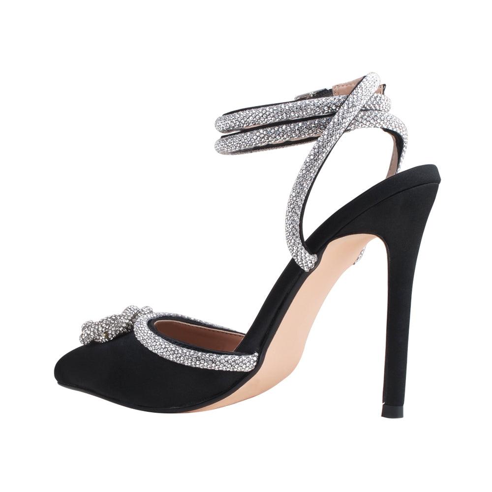 Black satin pump pointy-toe women's heels with rhinestone accents -posterior view