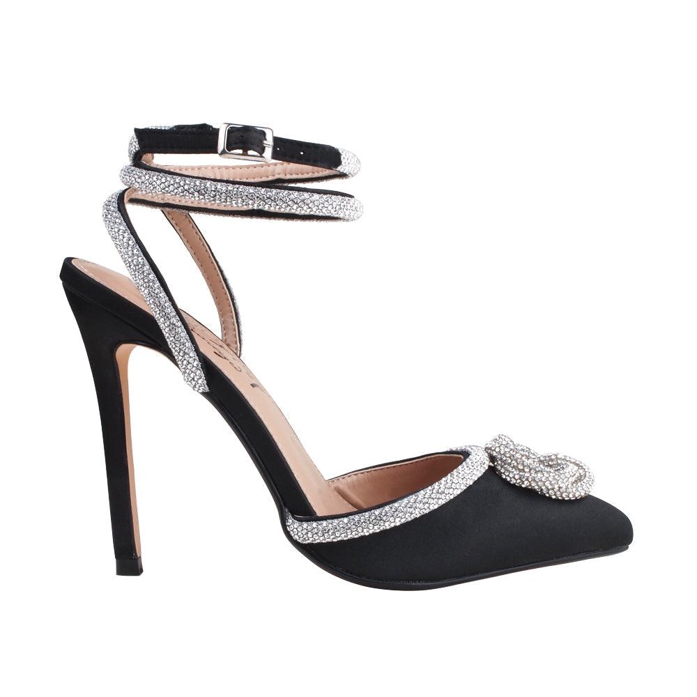 Black satin pump pointy-toe women's heels with rhinestone accents -side view