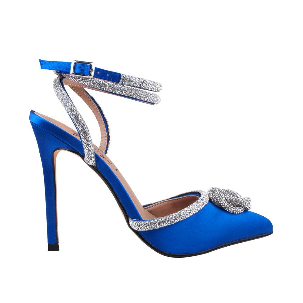 Blue satin pump pointy-toe women's heels with rhinestone accents-side view