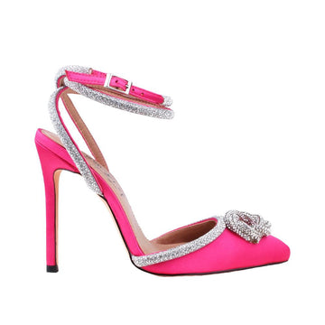 Fuchsia satin pump pointy-toe women's heels with rhinestone accents-side view
