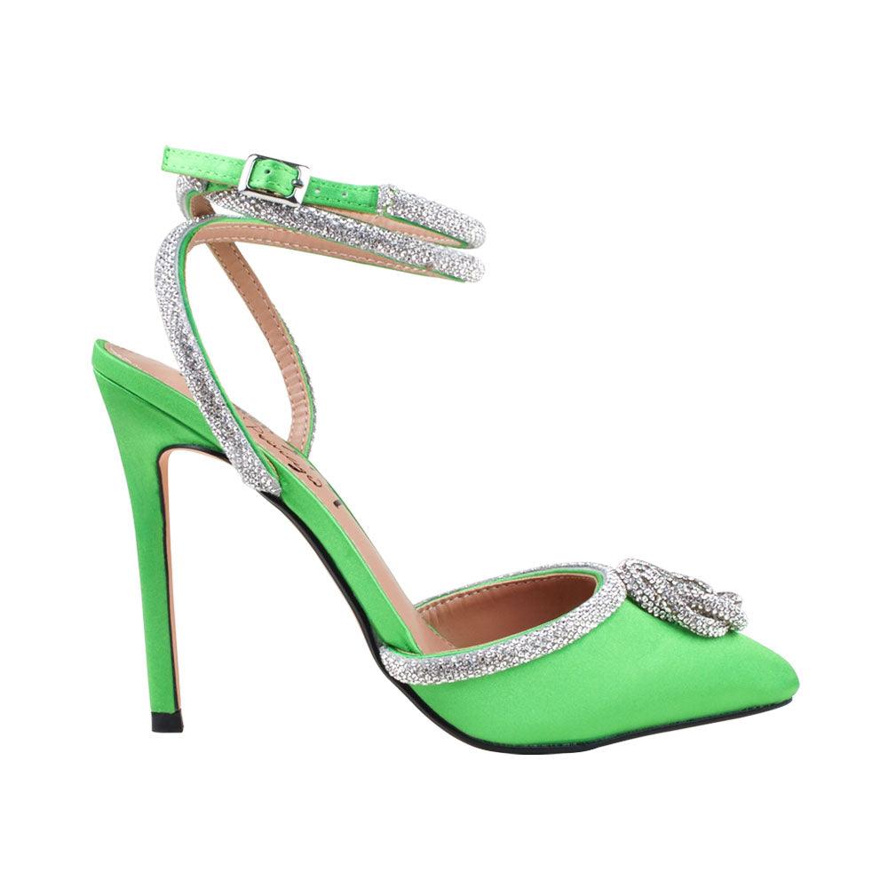 Green satin pump pointy-toe women's heels with rhinestone accents-side view