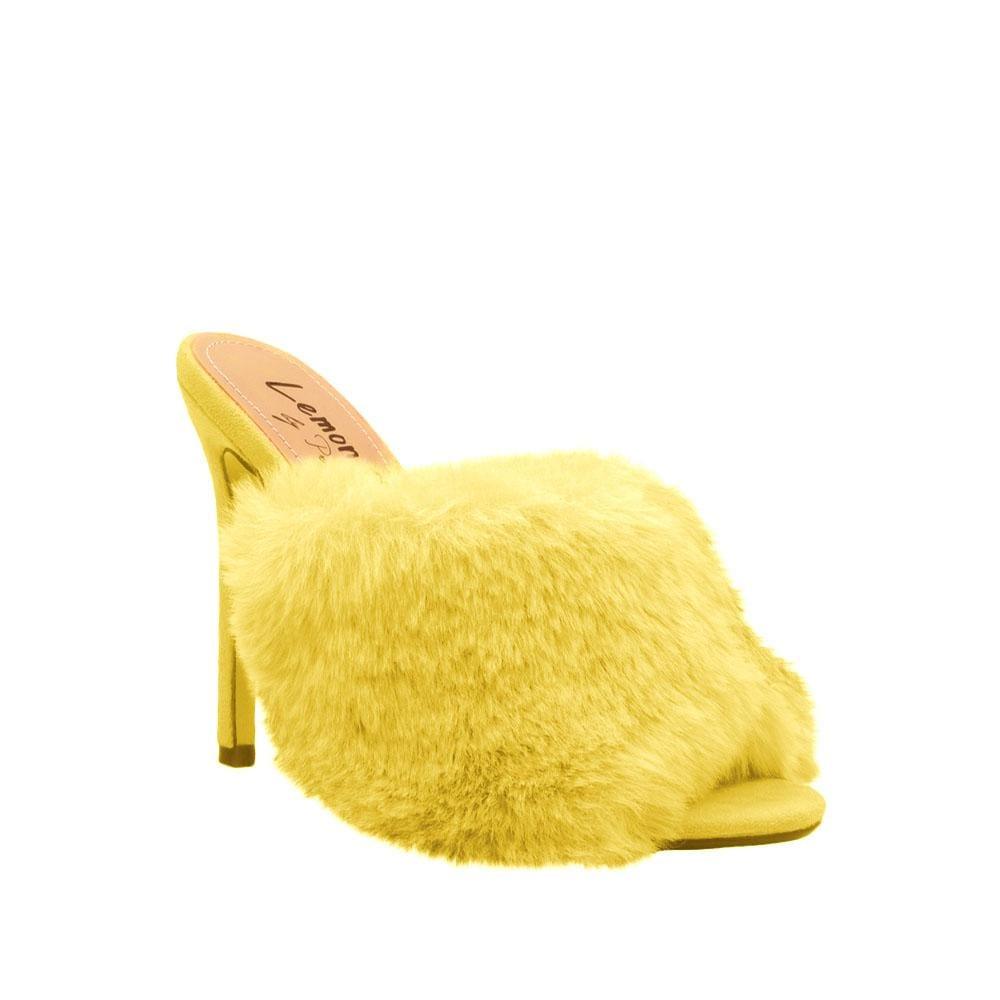 Yellow faux fur and vegan suede women's slip-on heels-corner view