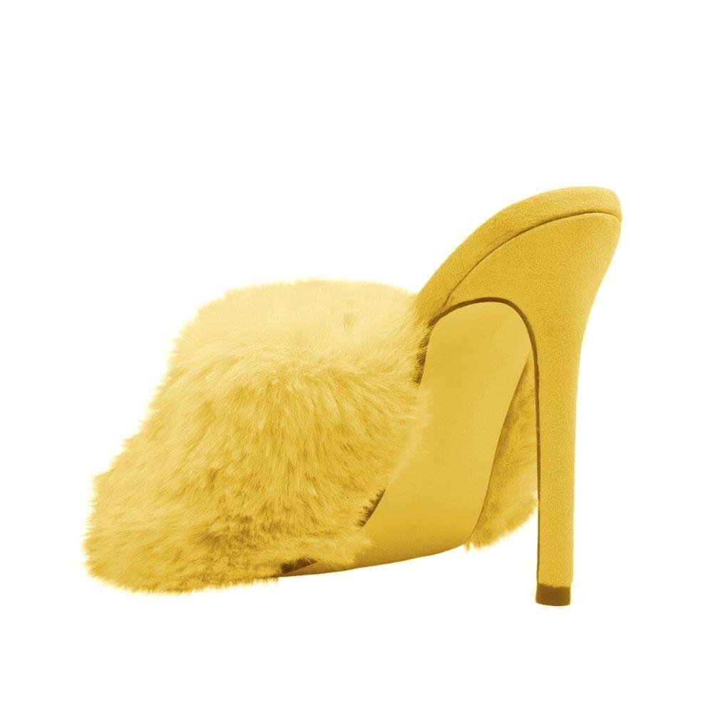 Yellow faux fur and vegan suede women's slip-on heels-posterior view