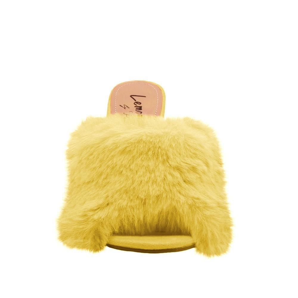 Yellow faux fur and vegan suede women's slip-on heels-front view