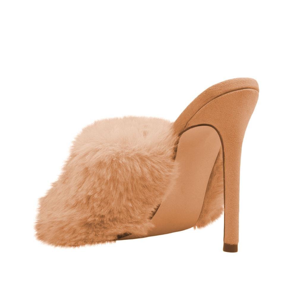 Nude faux fur and vegan suede women's slip-on heels-posterior view