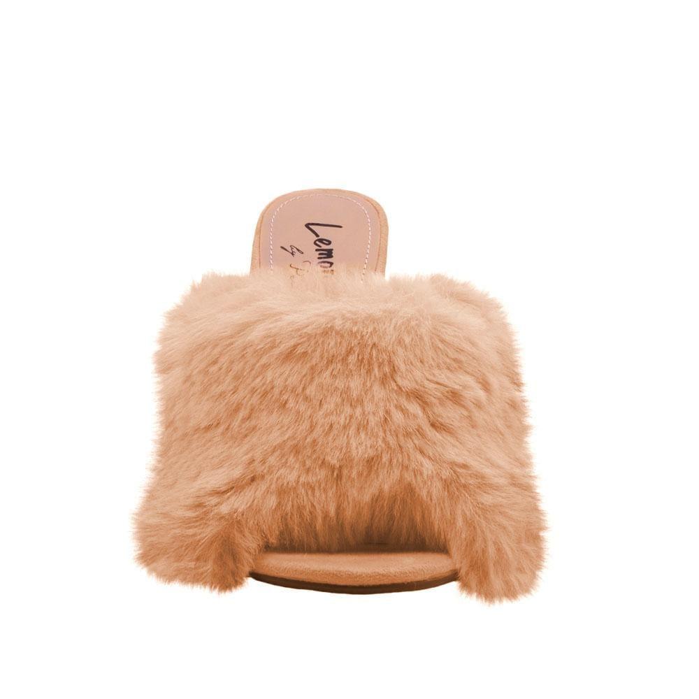 Nude faux fur and vegan suede women's slip-on heels-front view