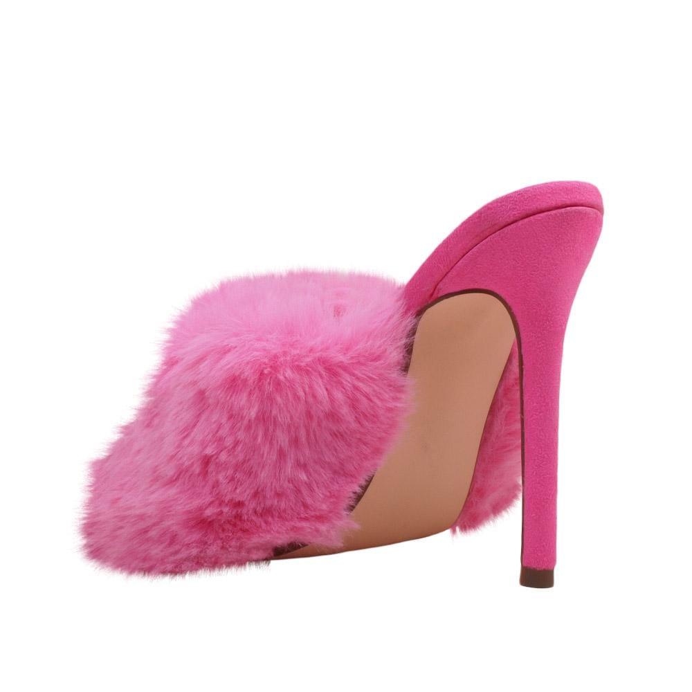 Pink faux fur and vegan suede women's slip-on heels-posterior view