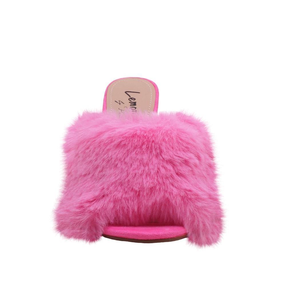 Pink faux fur and vegan suede women's slip-on heels-frotn view