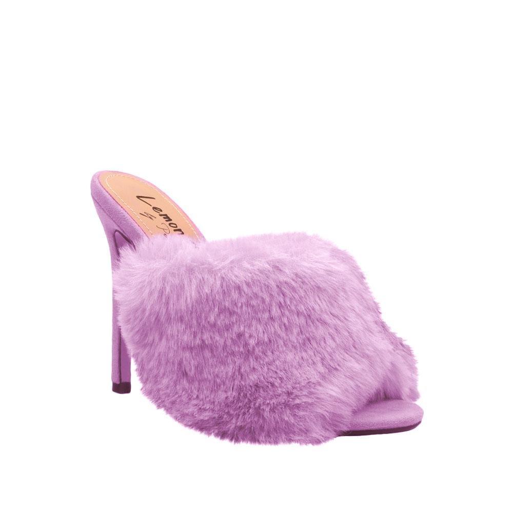 Purple faux fur and vegan suede women's slip-on heels-corner view