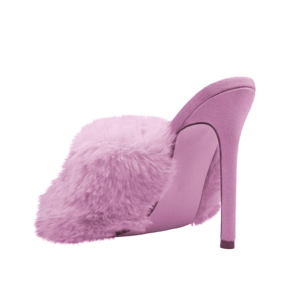 Purple faux fur and vegan suede women's slip-on heels-posterior view