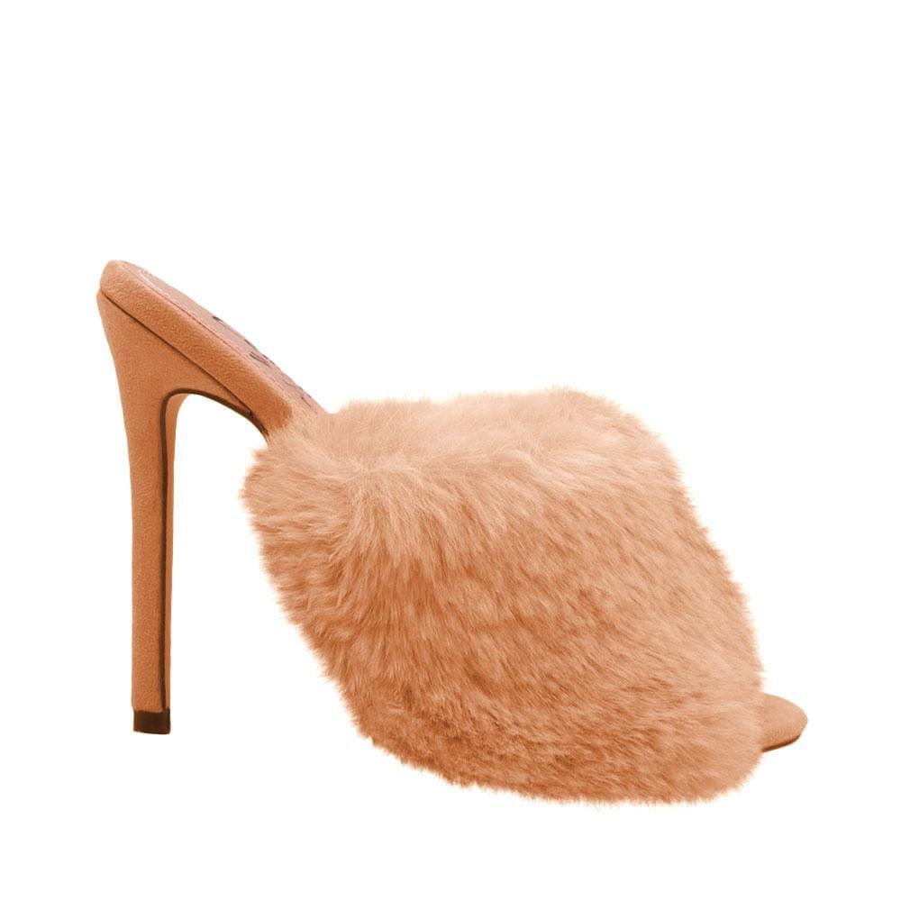 Nude faux fur and vegan suede women's slip-on heels-side view