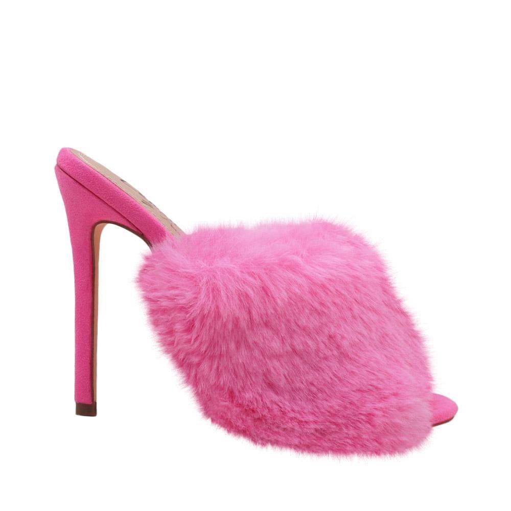 Pink faux fur and vegan suede women's slip-on heels-side view