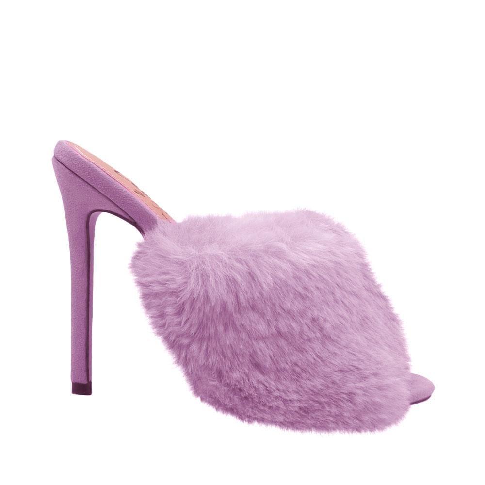 Purple faux fur and vegan suede women's slip-on heels-side view