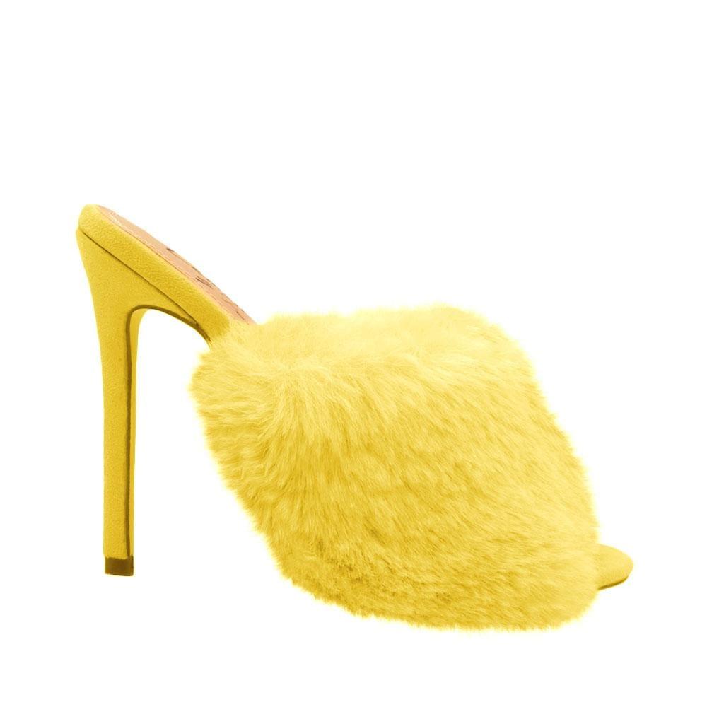 Yellow faux fur and vegan suede women's slip-on heels-side view