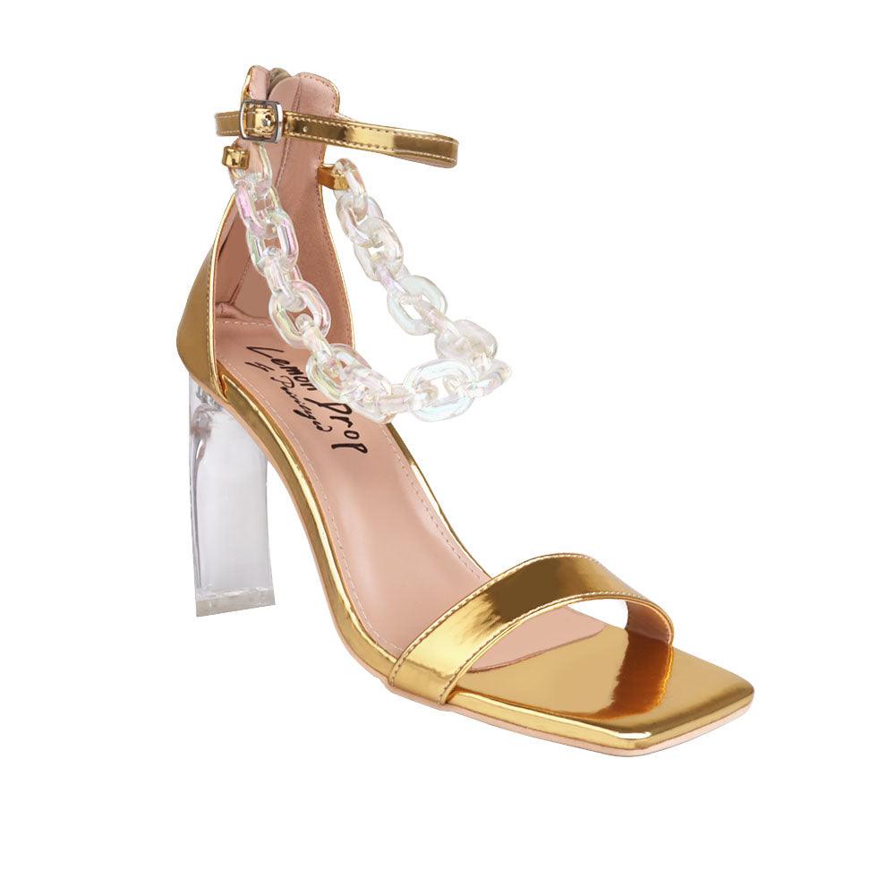 Gold leatherette women's heel with chain-corner view