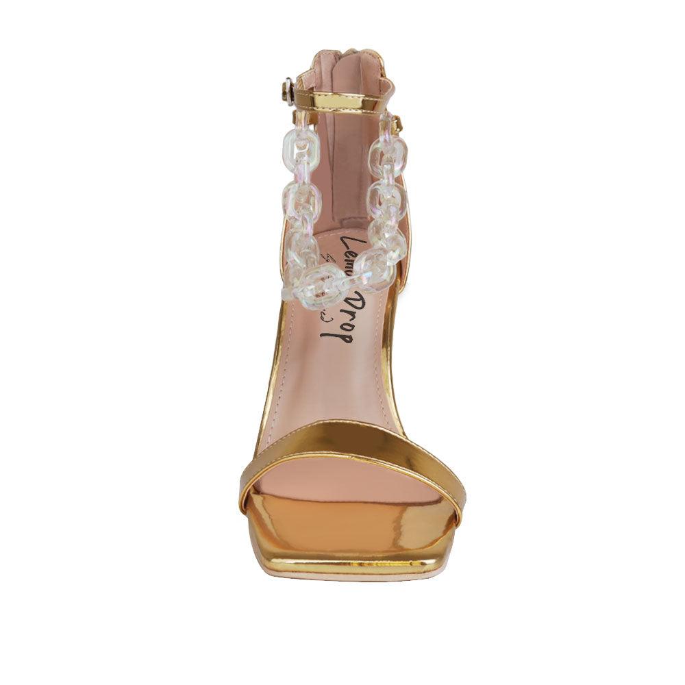 Gold leatherette women's heel with chain-front view