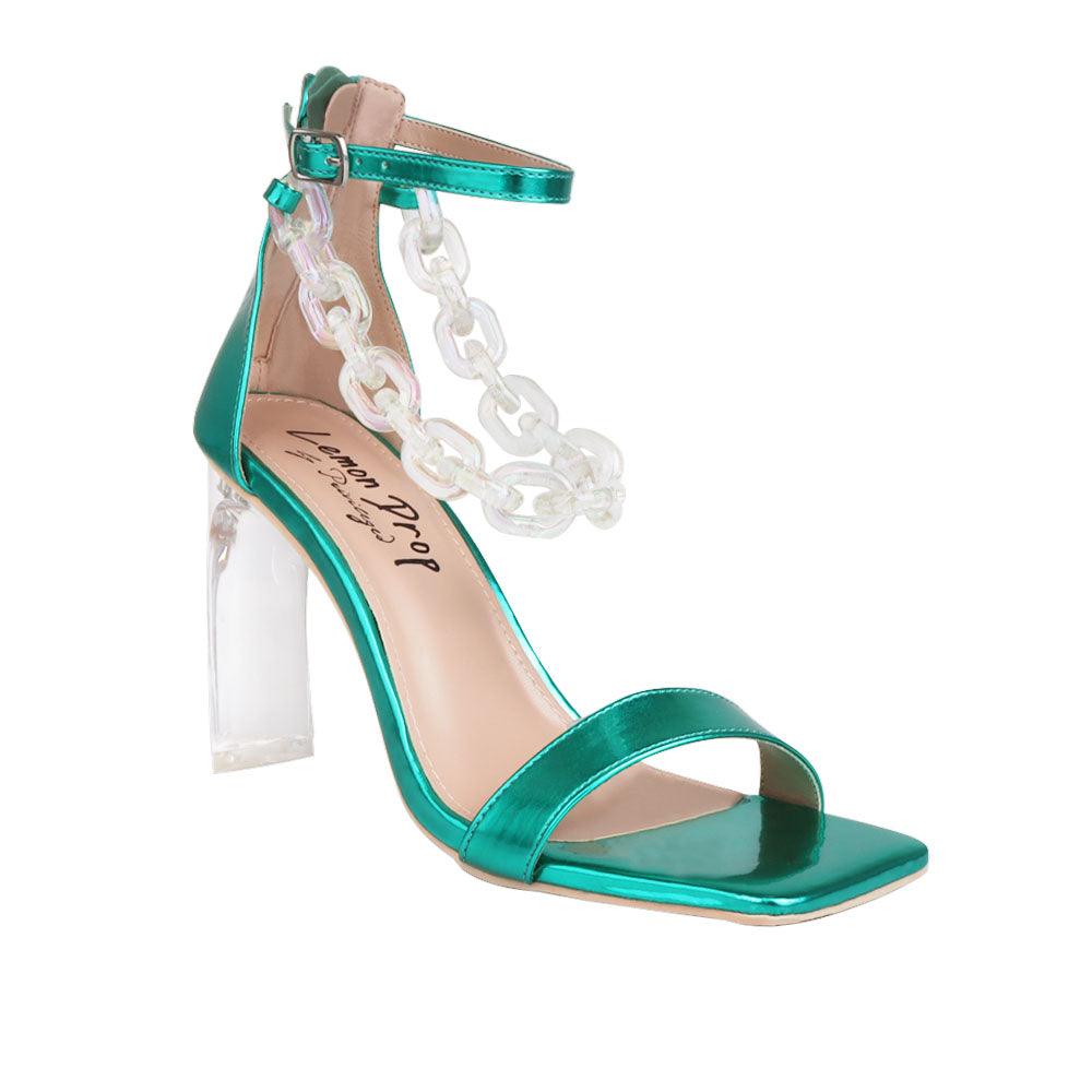 Leatherette green women's heel with chain-corner view