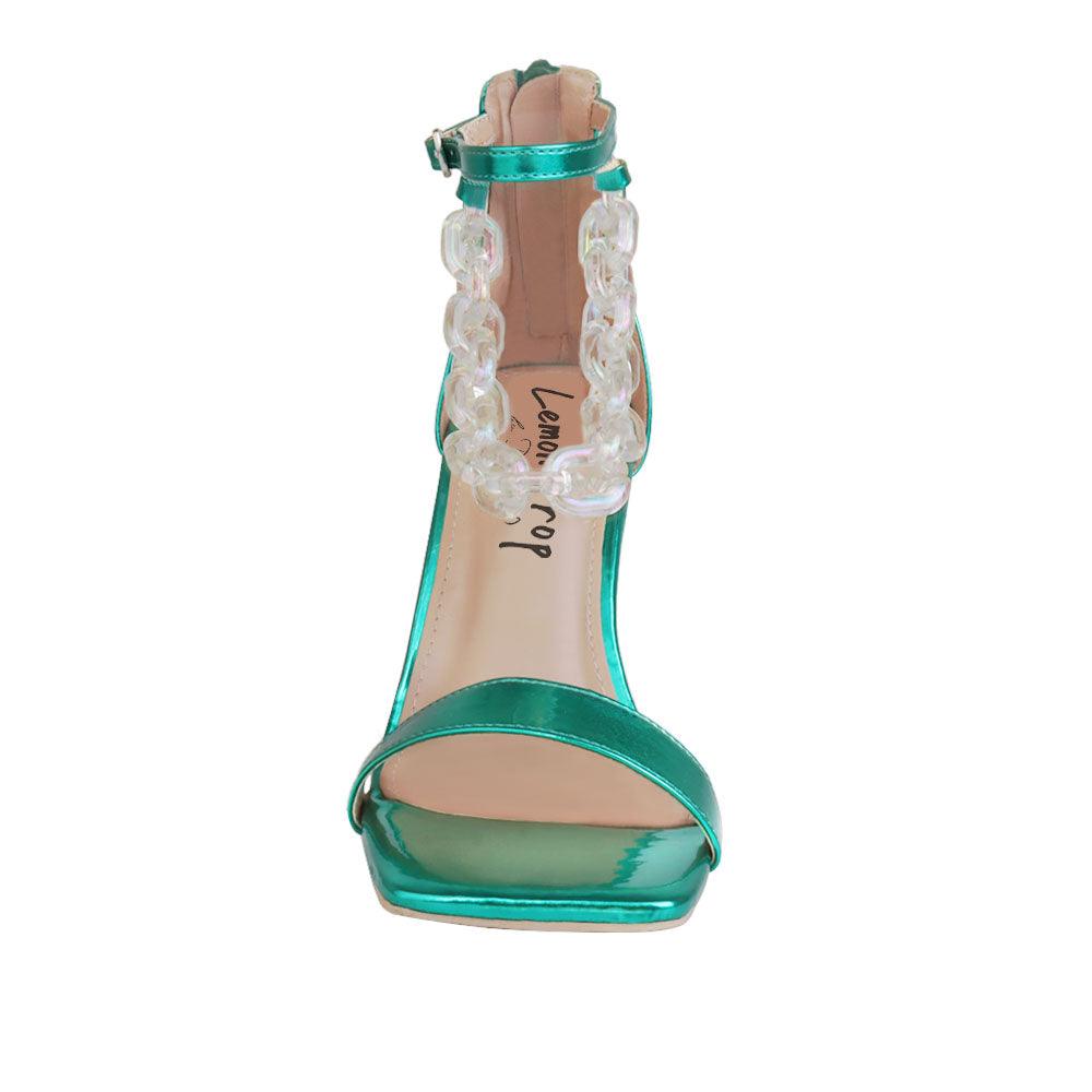 Leatherette green women's heel with chain-front view