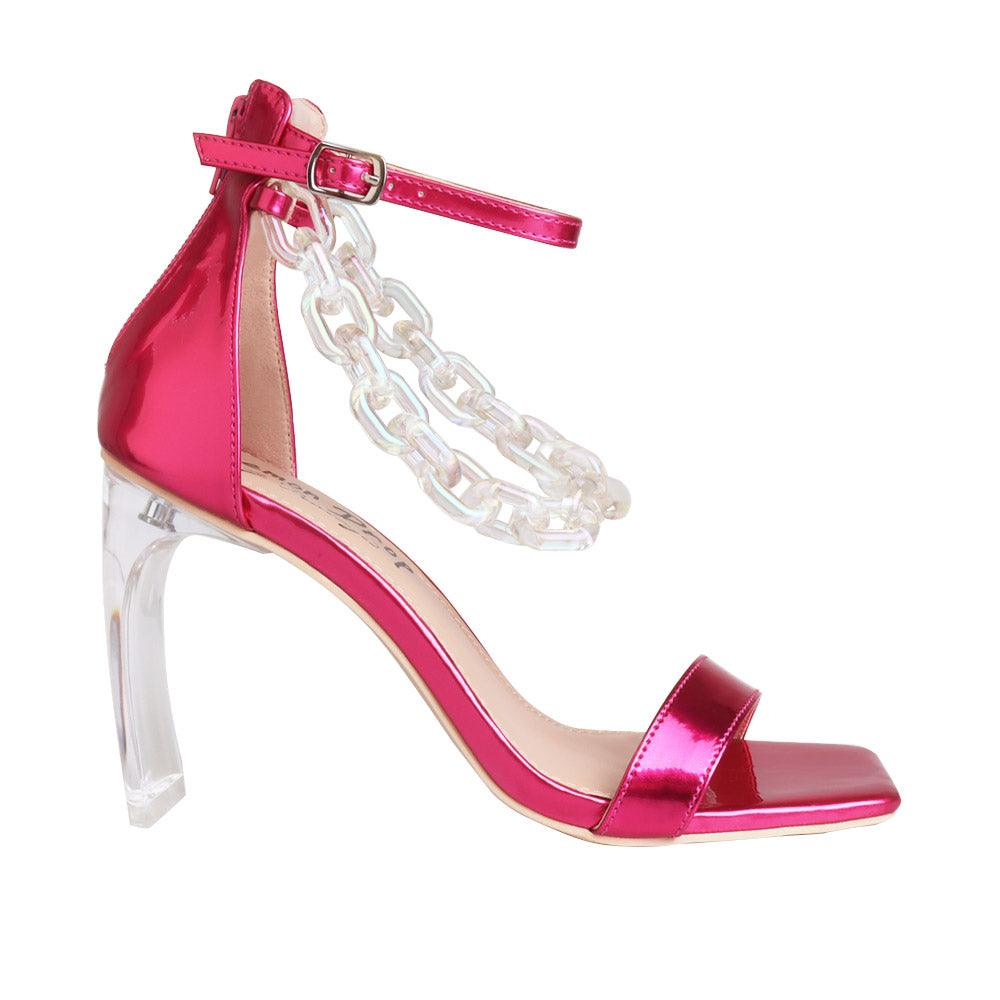 Fuchsia leatherette women's heel with chain-side view