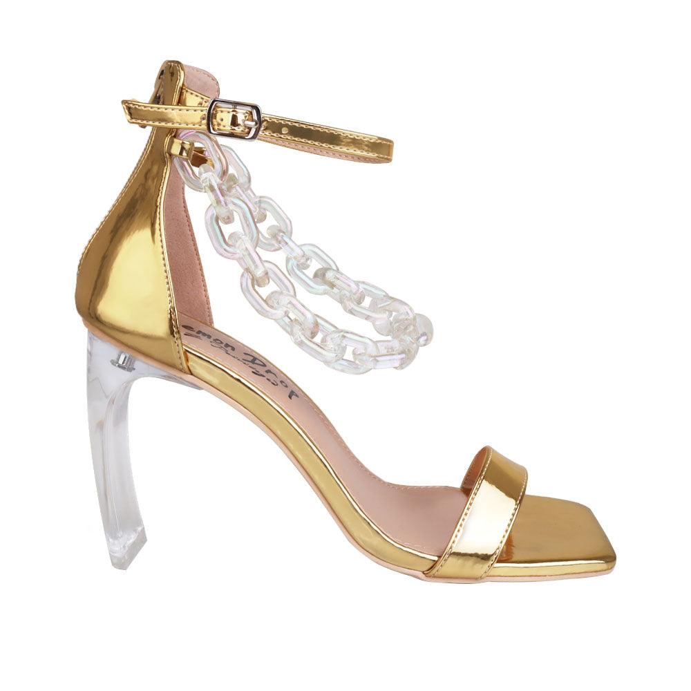 Gold leatherette women's heel with chain-side view