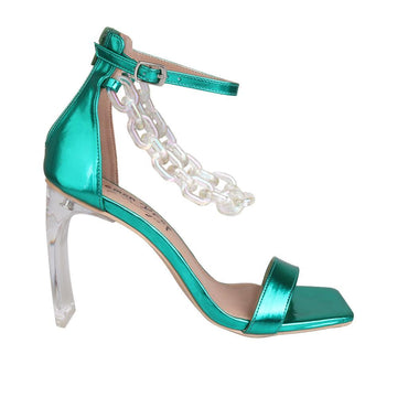 Leatherette green women's heel with chain-side view