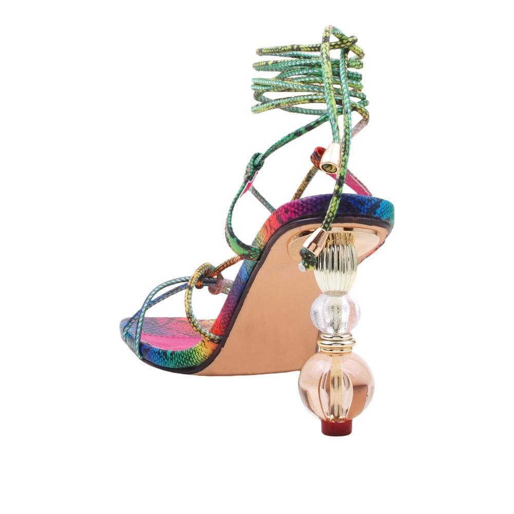 Rainbow lace front women's sandals with jewel decorated heel-posterior view