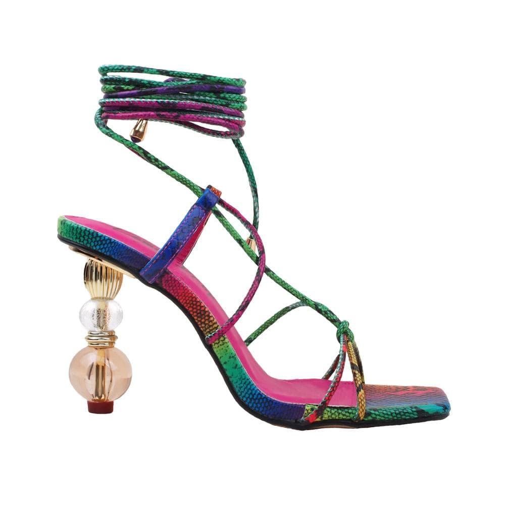 Rainbow lace front women's sandals with jewel decorated heel-side view