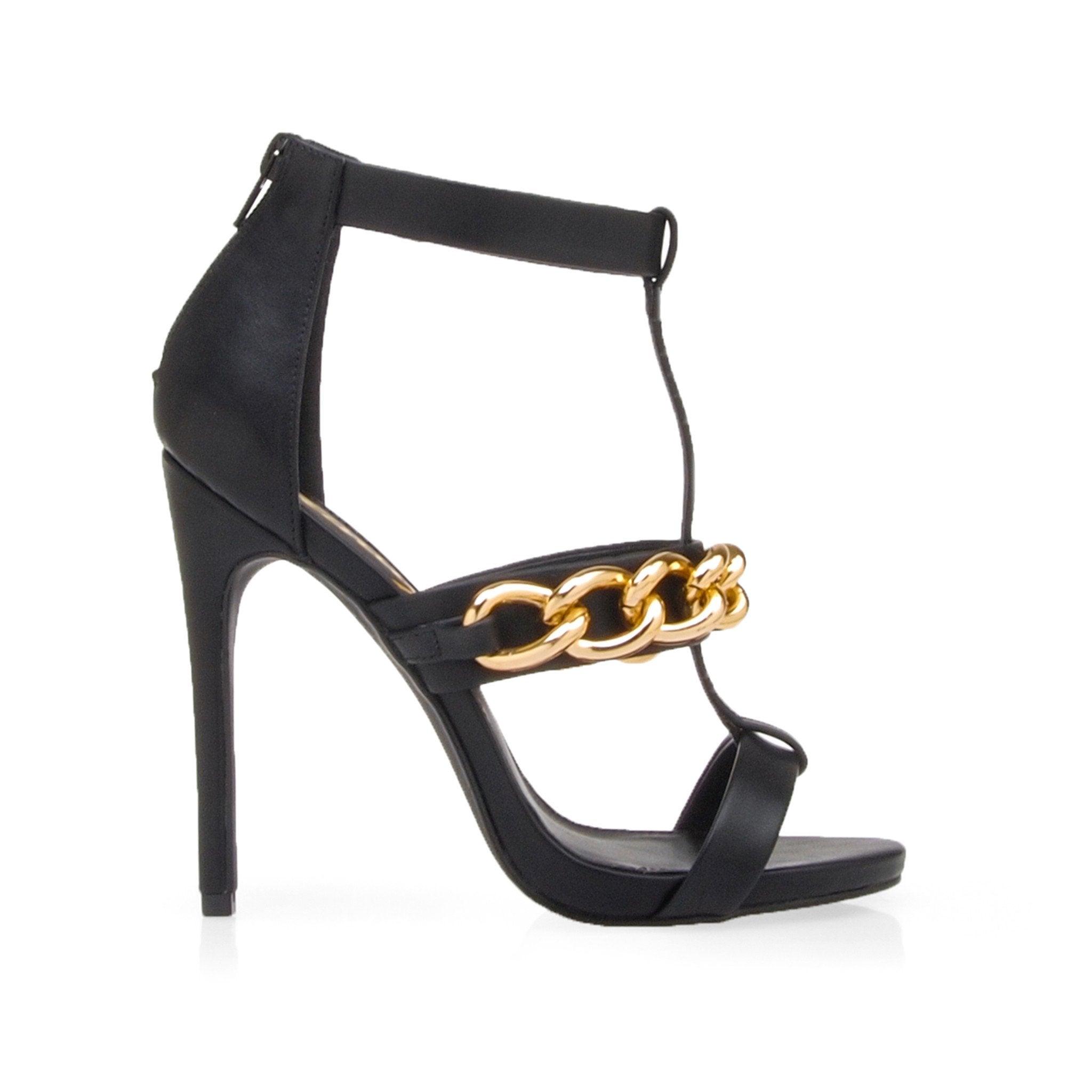 Black leatherette women's high heel with chain detailing-side view