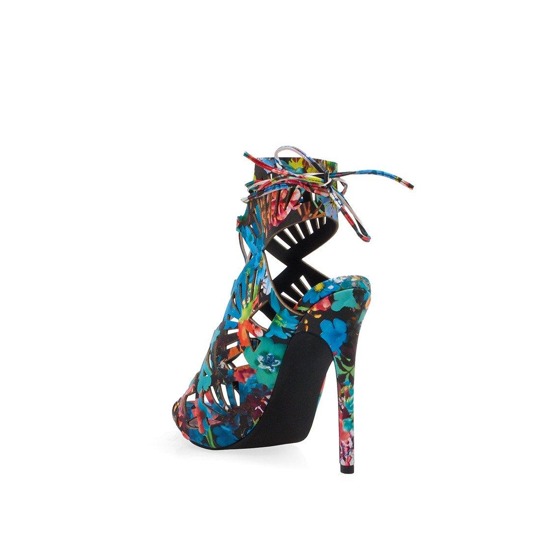 Floral printed leatherette women's heel-posterior view